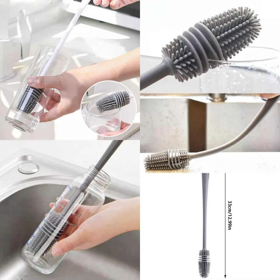 Reusable Bottle, Scratch Free Silicone Bottle Brush Cleaner, Dishwasher Safe, Grey Silicone Cup Brush Glass Cleaner Kitchen Cleaning Tool Long Handle Drink Bottle Glass Cup Cleaning Brush