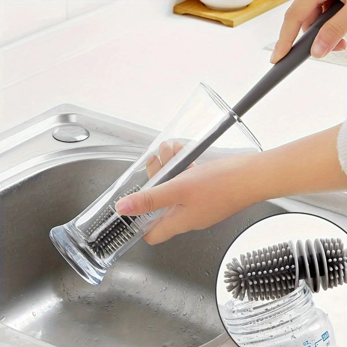 Reusable Bottle, Scratch Free Silicone Bottle Brush Cleaner, Dishwasher Safe, Grey Silicone Cup Brush Glass Cleaner Kitchen Cleaning Tool Long Handle Drink Bottle Glass Cup Cleaning Brush