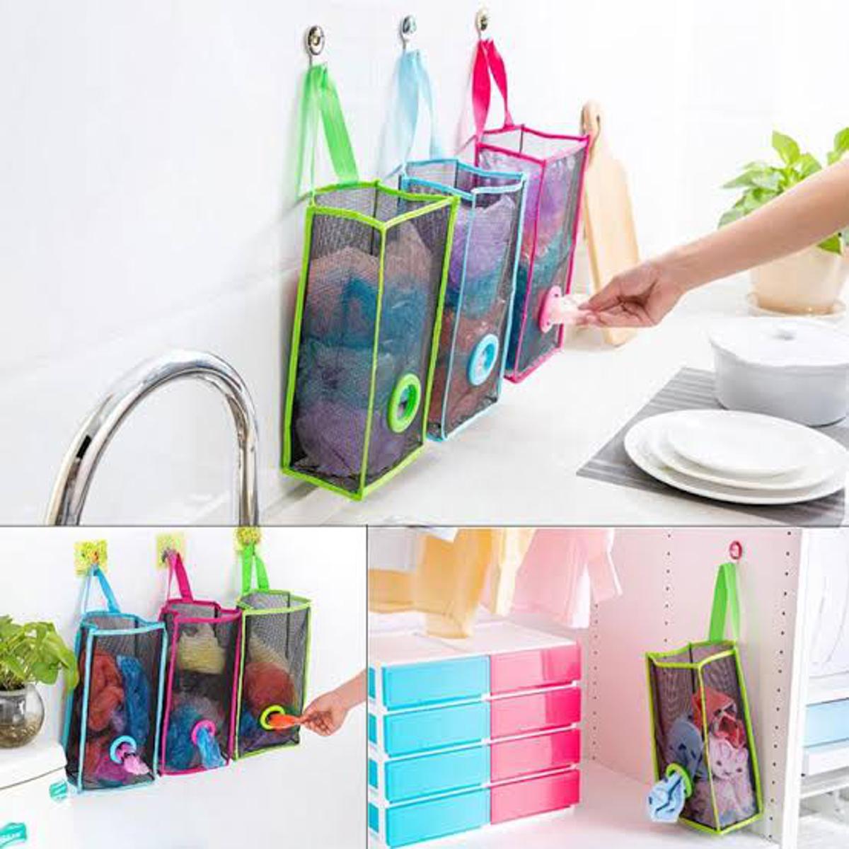 Plastic Bag Holder, Shopper Holder, Hanging Folding Mesh Garbage Bag , Transparent Grocery Bag Dispenser for Kitchen