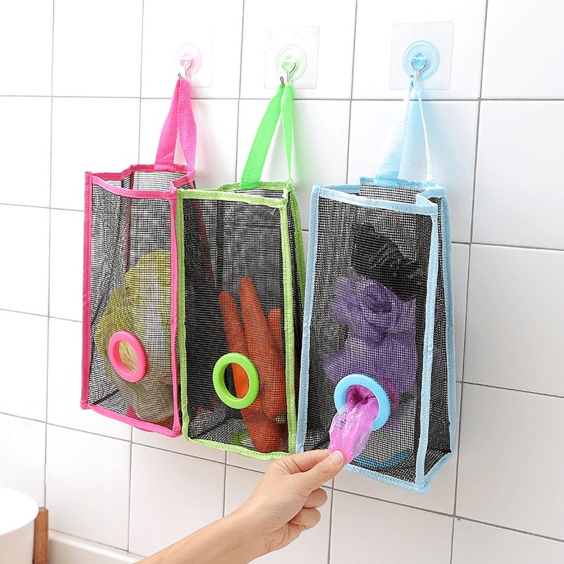 Plastic Bag Holder, Shopper Holder, Hanging Folding Mesh Garbage Bag , Transparent Grocery Bag Dispenser for Kitchen