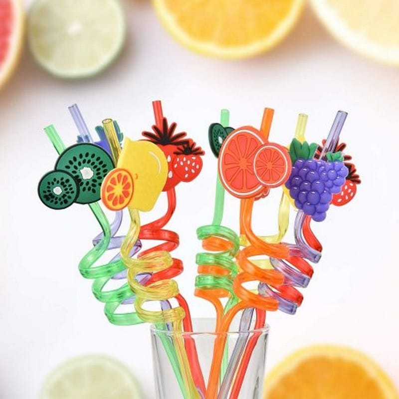 Big Size Cartoon Theme Cute Plastic Straw for Children, Reusable Straws for Drink Juice, Holiday, Party Decoration and Birthday Return Gifts (Multicolor) (Fruits)