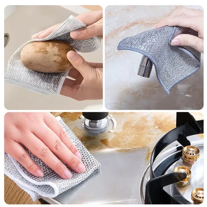 Pack of 10 Magic Dishcloth Wire Cleaning Cloths | Thickened Double & Sigle Sided Dishwashing Rags | Silver Kitchen Pot Washing Towels | Metal Steel Wire Rags Alternative | Non-Scratch Multipurpose Reusable Cleaning Cloths for Dishes, Sinks, Counters