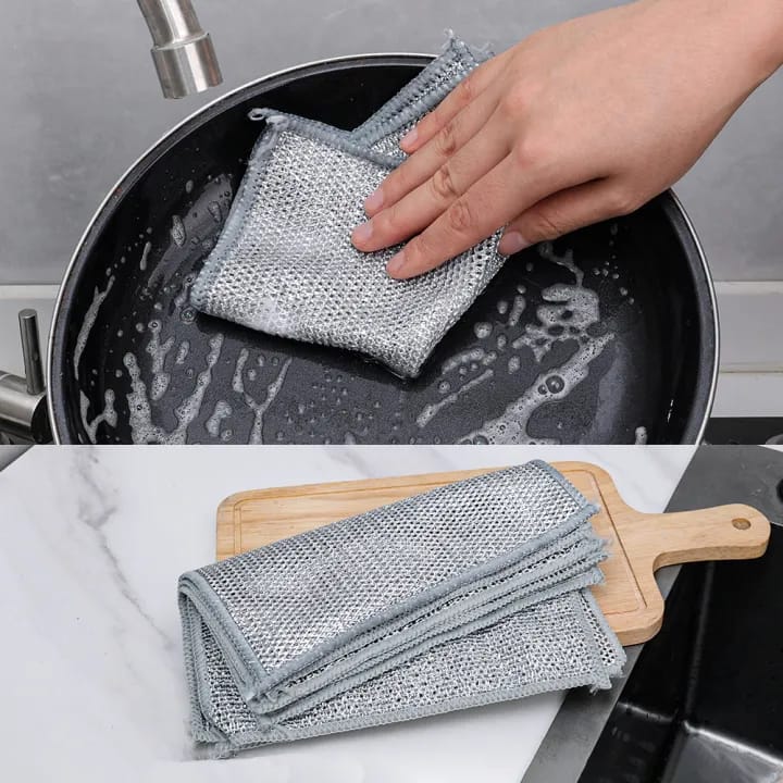 Pack of 10 Magic Dishcloth Wire Cleaning Cloths | Thickened Double & Sigle Sided Dishwashing Rags | Silver Kitchen Pot Washing Towels | Metal Steel Wire Rags Alternative | Non-Scratch Multipurpose Reusable Cleaning Cloths for Dishes, Sinks, Counters