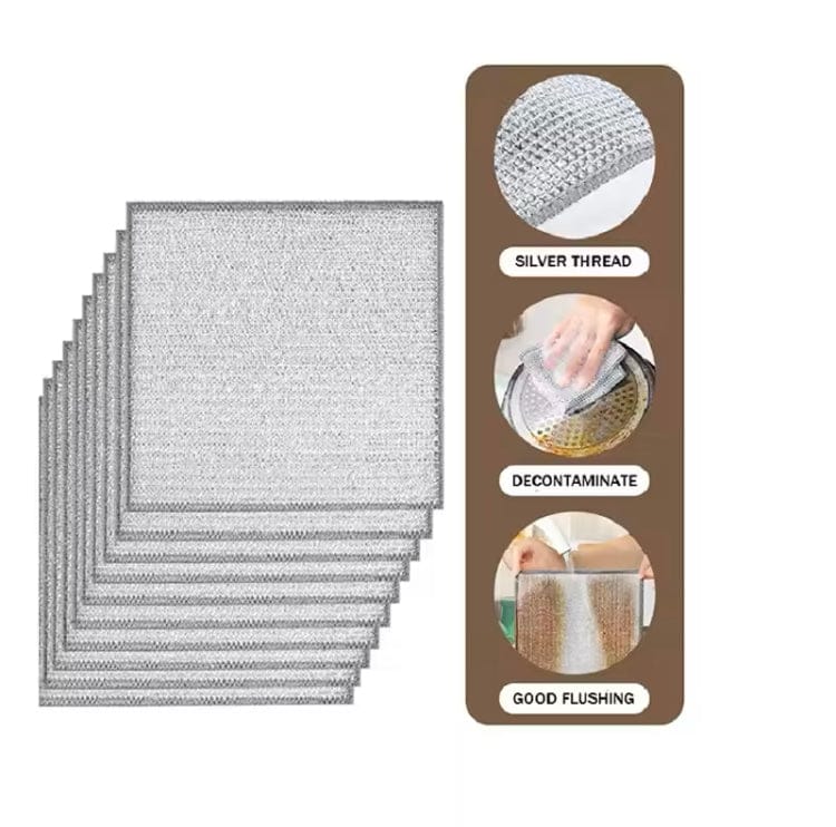 Pack of 10 Magic Dishcloth Wire Cleaning Cloths | Thickened Double & Sigle Sided Dishwashing Rags | Silver Kitchen Pot Washing Towels | Metal Steel Wire Rags Alternative | Non-Scratch Multipurpose Reusable Cleaning Cloths for Dishes, Sinks, Counters