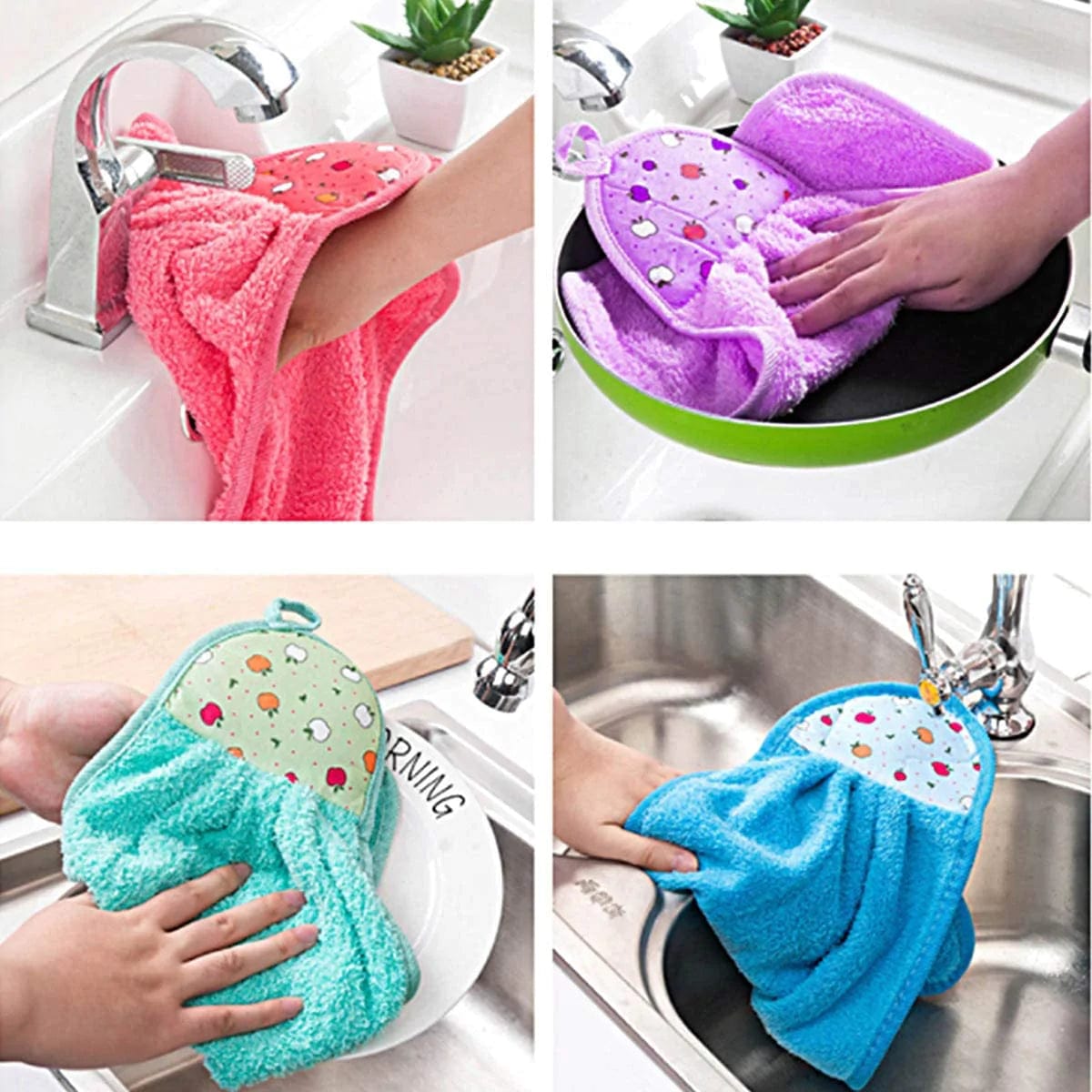 Kitchen Hanging Hand Towel Soft Absorbent Microfiber Washcloth for Dish Drying Quick-Dry Bathroom Face Napkin Reusable Wipe Hook Loop Cloth for Sink Cabinet Fridge Handle Cute Animal Design Cleaning Accessory (Random Color)