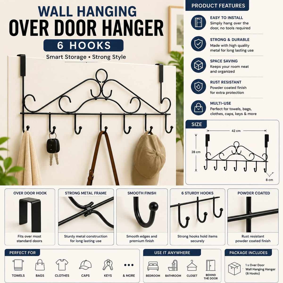 Over Door Metal Hanger Stand With 7 Hooks Kitchen Accessories Bedroom And Bathroom, Hanging Clothes Organizer Stand Rack