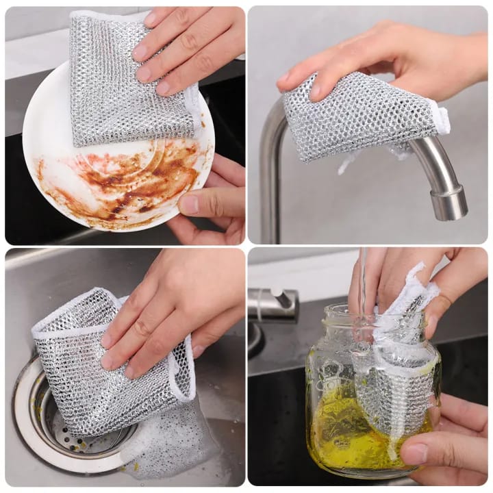 Pack of 10 Magic Dishcloth Wire Cleaning Cloths | Thickened Double & Sigle Sided Dishwashing Rags | Silver Kitchen Pot Washing Towels | Metal Steel Wire Rags Alternative | Non-Scratch Multipurpose Reusable Cleaning Cloths for Dishes, Sinks, Counters